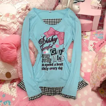 헤이세이 여자 Y2K 스카이블루 체크 티셔츠