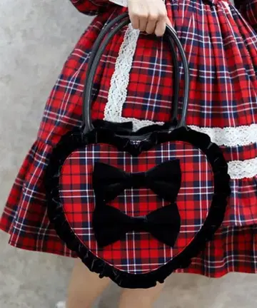 타탄 체크 하트 백 axes kawaii 빨간 체크 리본 프릴