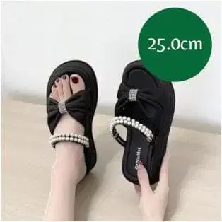 최저가 25.0cm 통굽 리본 펄 샌들 플랫 블랙
