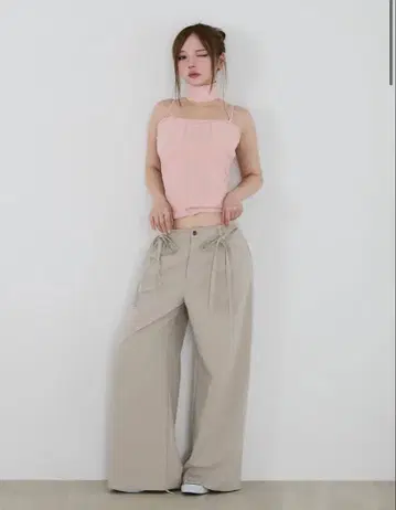 andmary Loose ribbon slacks beige