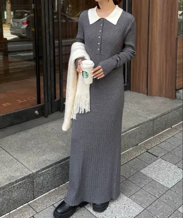 새상품급 Ranan 리브 니트 폴로 원피스 그레이