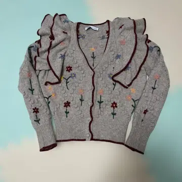 꽃무늬 자수 그레이 긴팔 가디건 EUR S