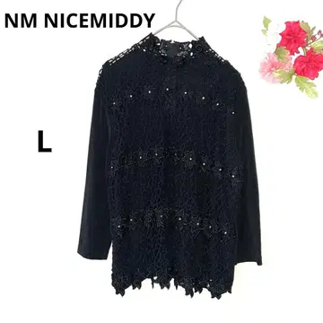 나이스 미디 블라우스 7부 소매 레이스 하이넥 셔츠 블랙 L