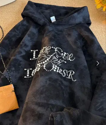 비쥬 장식 블랙 후드티 X-LARGE