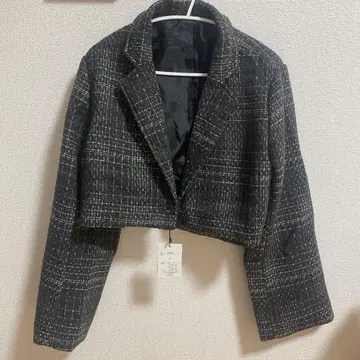 크롭 트위드풍 자켓 블랙/화이트 골드 체크 미사용 새상품 S사이즈