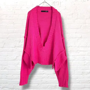 키위 핑크 데미지 니트 드롭 숄더 깊은 V넥 갸루 헤이세이 Y2K