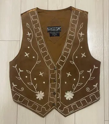 80s 멕시코 스타일 꽃무늬 자수 스웨이드 가죽 베스트