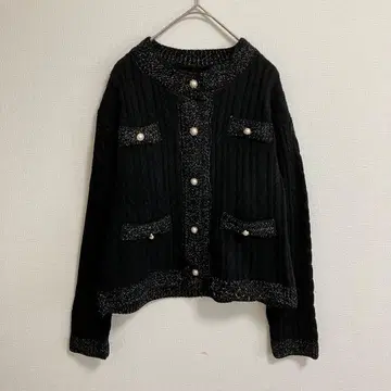 펄 블랙 케이블 짜임 니트 가디건