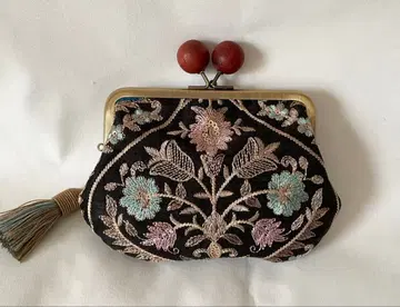 인도 자수 목옥 모자 가마구치 미니 지갑