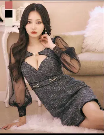 Jewels 트위드 미니 드레스 튤 소매 긴팔 체인 벨트