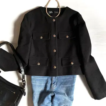 새상품급 ZARA 자라 소프트 트위드 자켓 L 노카라 골드 버튼 블랙
