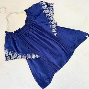 엑시즈팜 오프숄더 블라우스 네이비 프릴 슬리브 걸리시 M