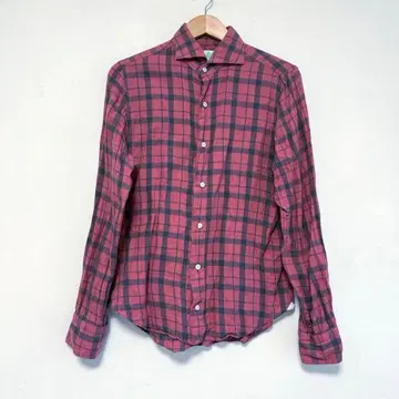 FINAMORE 핑크 체크 무늬 긴팔 플란넬 셔츠