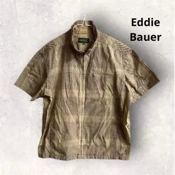 Eddie Bauer 반팔 지퍼 셔츠 L 체크 무늬 아웃도어 베이지