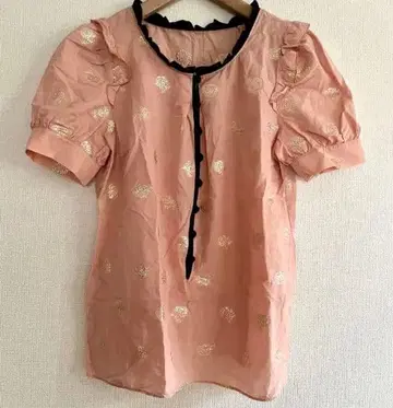 핑크 골드 컬러 도트 반팔 블라우스