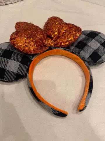 초레어 해외 디즈니 머리띠 체크 무늬 오렌지 리본