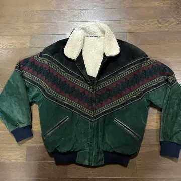 새상품급 80s~90s 가죽 x 니트 기하학 패턴 집업 자켓