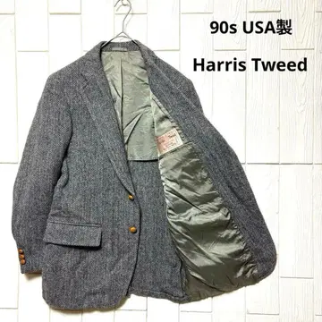 90s USA제 해리스 트위드 자켓 싸개버튼 헤링본 그레이