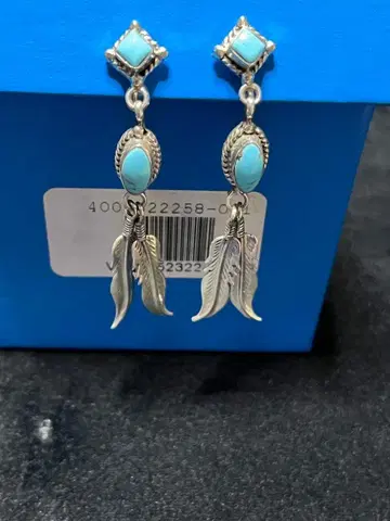 터콰이즈 깃털 디자인 실버 귀찌