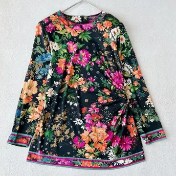 새상품급 레오나르 튜닉 블라우스 긴팔 꽃무늬 트리밍 실크 L