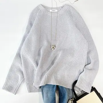 에부르 코튼 캐시미어 크루넥 니트 풀오버 라이트 그레이 루즈핏