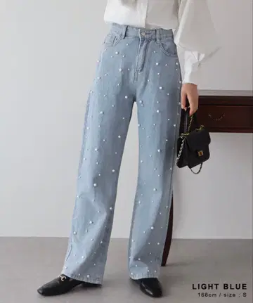 라이트 블루 펄 장식 데님 팬츠 블루이스트