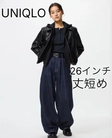 UNIQLO 배기 커브 진스 숏 기장 26인치 네이비