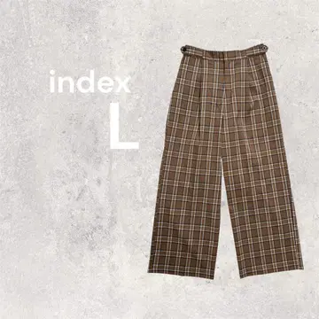 인덱스 와이드 팬츠 체크 패턴 브라운 허리밴딩 L 사이즈