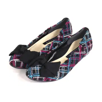 새상품급 TALANTON 리본 투 체크 무늬 트위드 플랫슈즈 22.5