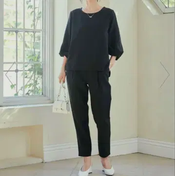 미사용 라난 스트레치 셋업 블라우스 테이퍼드 팬츠 L 블랙