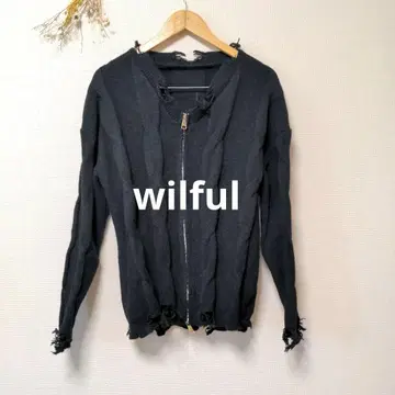 wilful 데미지 가공 니트 가디건 오샤레 카코이 블랙