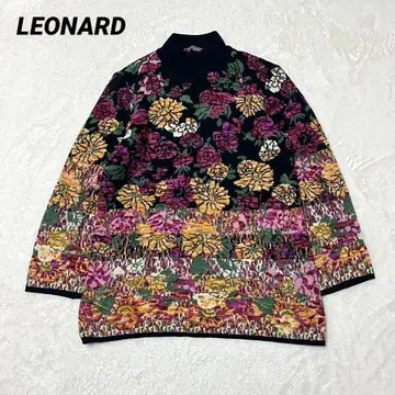 레오나르 하이넥 니트 스웨터 꽃무늬 롱 기장 울 혼방 블랙 L 상당