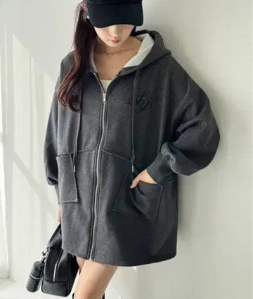 다크 그레이 오버 사이즈 풀 집업 후드티