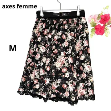 엑시즈팜 플레어 스커트 꽃무늬 장미 프릴 오피스 블랙 M 귀여운