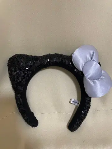 유니버셜 고양이 귀 머리띠 스팽글 블랙 실버 리본