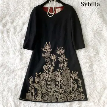 Sybilla 꽃무늬 자수 울 롱 원피스 플레어 L 사이즈