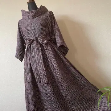 순수 실크 총조임 롤 칼라 롱 원피스 기모노 리메이크