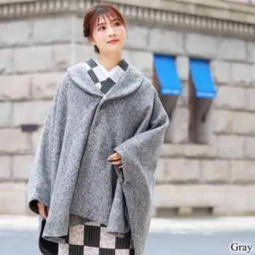 기모노 코트 겨울 그레이 숄카라 기모노 코트 판초 케이프