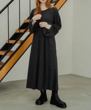 가격 인하 hinari 히나리 니트소 플레어 원피스 S 소매 셔링