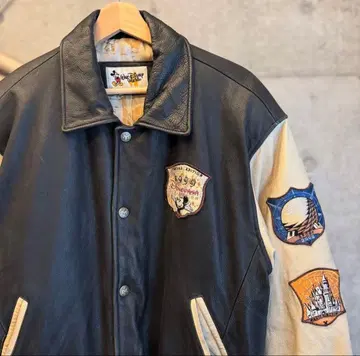 00s 디즈니 네이비 컨벤션 2000 카라 부착 가죽 자켓 바시티 자켓