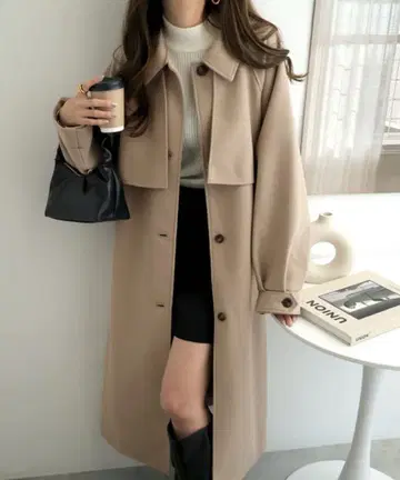 베이지 롱 코트 허리 벨트 포함