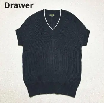 Drawer 근년 반팔 리브 니트 코튼 베스트 V넥 블랙 드로어