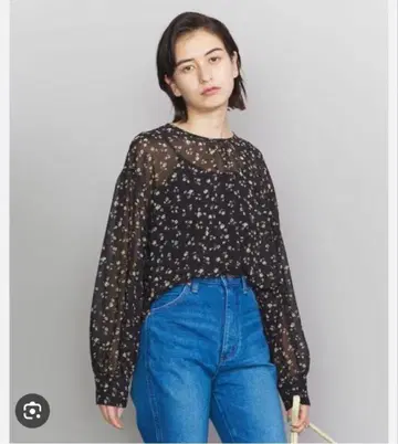 새상품급 꽃무늬 시스루 블라우스 긴팔 블랙