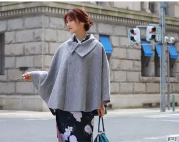 기모노 코트 겨울 그레이 롤 칼라 기모노 코트 판초