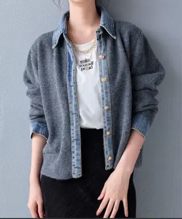 이소재 절개 데님 도킹 니트 가디건