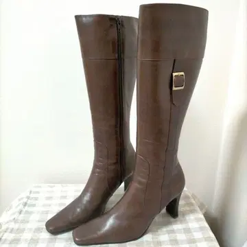 브라운 가죽 롱 부츠 높은 힐 24cm 미사용 새상품