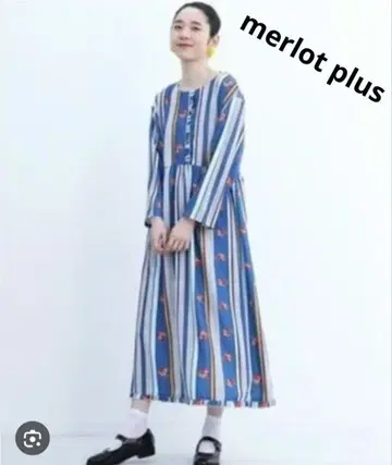 멀로플러스 장미 & 스트라이프 패턴 레트로풍 롱 원피스