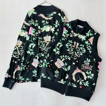 레오나르 앙상블 니트 울 베스트 퀼팅 꽃무늬 블랙 M L