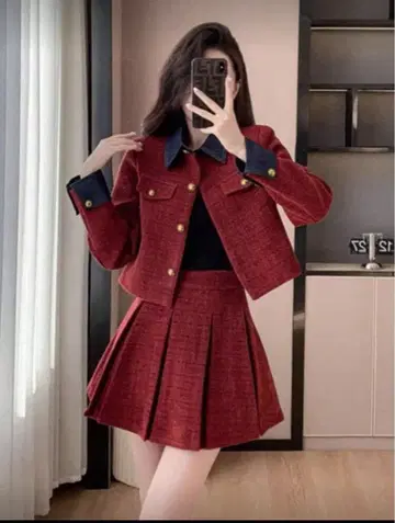 트위드 와인 레드 셋업