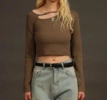 ACLENT 원숄더 커팅 리브 롱T